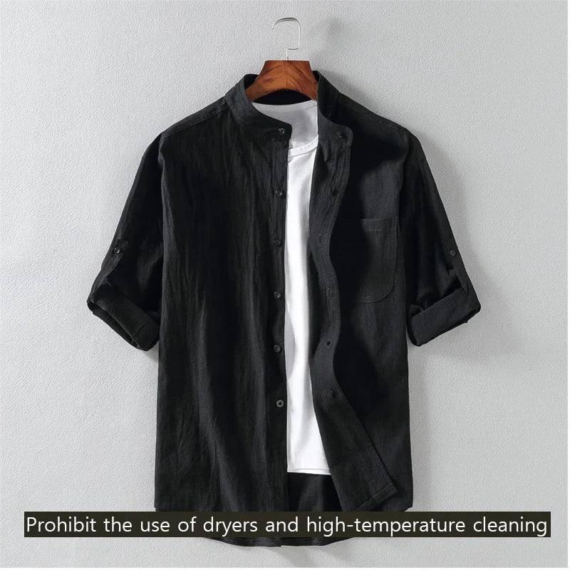 Mens Lightweight Mid Sleeve Shirt Summer Stand Collar