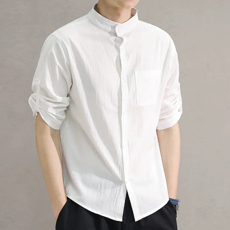 Mens Lightweight Mid Sleeve Shirt Summer Stand Collar