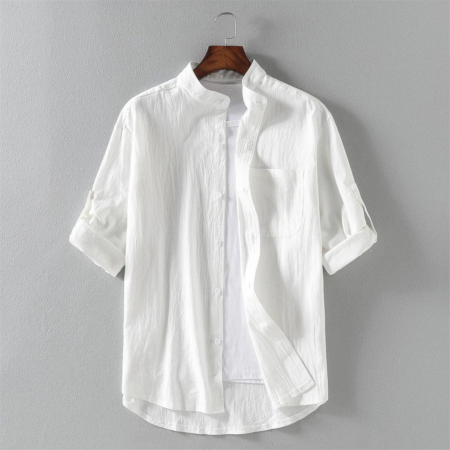 Mens Lightweight Mid Sleeve Shirt Summer Stand Collar