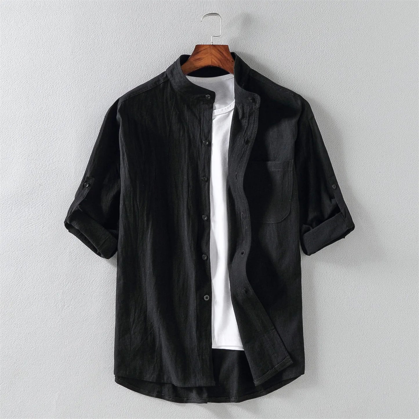 Mens Lightweight Mid Sleeve Shirt Summer Stand Collar