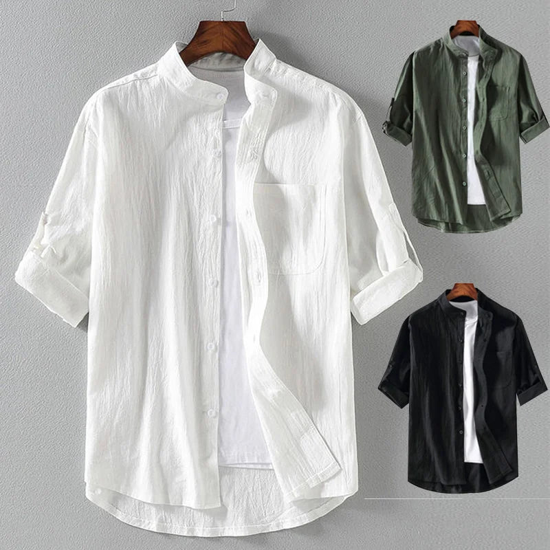 Mens Lightweight Mid Sleeve Shirt Summer Stand Collar